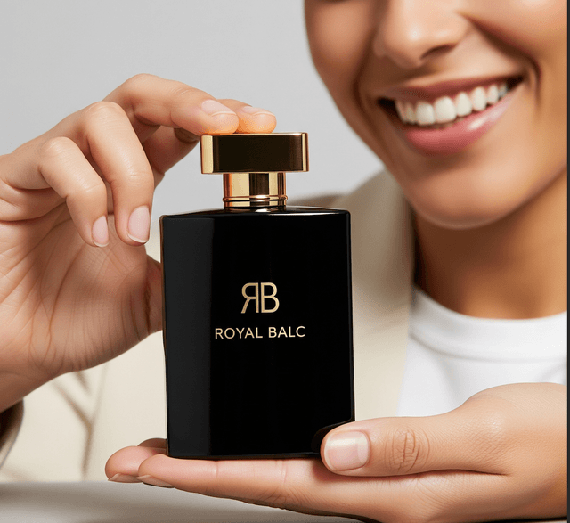 Satisfied customer holding Royal Balc perfume